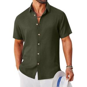 image:imageCOOFANDY Mens Button Down Shirt Short Sleeve Casual Shirts Linen Textured Summer Beach ShirtsArmy Green