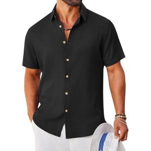 image:imageCOOFANDY Mens Button Down Shirt Short Sleeve Casual Shirts Linen Textured Summer Beach ShirtsBlack