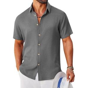 image:imageCOOFANDY Mens Button Down Shirt Short Sleeve Casual Shirts Linen Textured Summer Beach ShirtsDark Grey