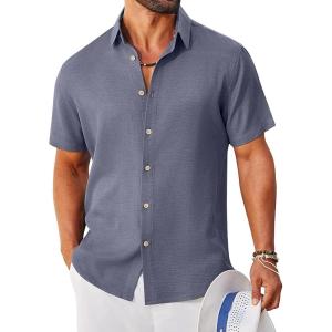 image:imageCOOFANDY Mens Button Down Shirt Short Sleeve Casual Shirts Linen Textured Summer Beach ShirtsGrey Blue