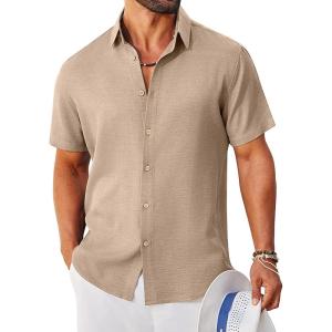 image:imageCOOFANDY Mens Button Down Shirt Short Sleeve Casual Shirts Linen Textured Summer Beach ShirtsKhaki