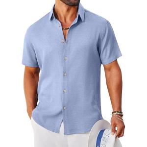 image:imageCOOFANDY Mens Button Down Shirt Short Sleeve Casual Shirts Linen Textured Summer Beach ShirtsLight Blue