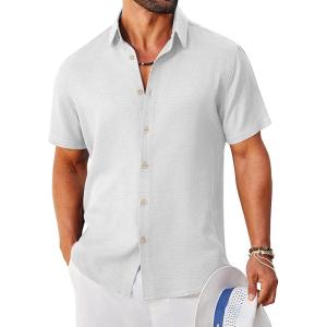 image:imageCOOFANDY Mens Button Down Shirt Short Sleeve Casual Shirts Linen Textured Summer Beach ShirtsWhite