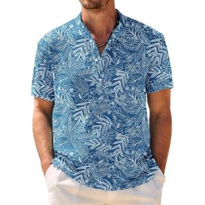 image:imageCOOFANDY Mens Casual Henley Shirt Band Collar Short Sleeve Shirt Summer Beach Hippie TShirtBlue Palm Leaf