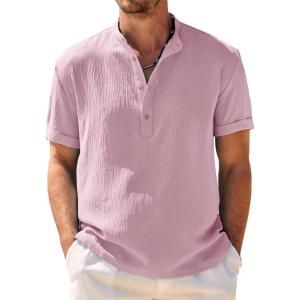 image:imageCOOFANDY Mens Casual Henley Shirt Band Collar Short Sleeve Shirt Summer Beach Hippie TShirtLight Pink