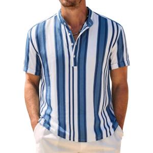 image:imageCOOFANDY Mens Casual Henley Shirt Band Collar Short Sleeve Shirt Summer Beach Hippie TShirtStripewhite  Blue