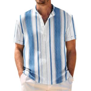 image:imageCOOFANDY Mens Casual Henley Shirt Band Collar Short Sleeve Shirt Summer Beach Hippie TShirtStripewhite  Lake Blue