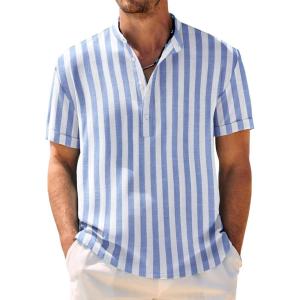 image:imageCOOFANDY Mens Casual Henley Shirt Band Collar Short Sleeve Shirt Summer Beach Hippie TShirtStripewhite  Light Blue