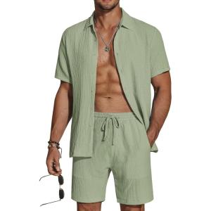 image:imageCOOFANDY Mens 2 Piece Textured Outfits Beach Button Down Short Sleeve Shirt and Short Sets