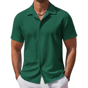 image:imageCOOFANDY Mens Casual Button Down Shirts Short Sleeve WrinkleFree Summer Beach WearDark Green