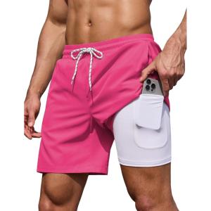 image:imageCOOFANDY Mens 7 Swim Trunks with Compression Liner Stretch Swimming Shorts with Zipper PocketsHot Pink