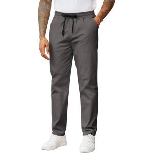 image:imageCOOFANDY Mens Casual Pants Drawstring Elastic Waist Chino Pants Straight Leg Slacks Cotton Twill Trousers with PocketsDark Gray