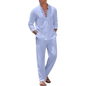 image:imageCOOFANDY Mens 2 Piece Linen Set Long Sleeve Henley Shirts Casual Beach Pants With Pockets Summer Yoga Outfits
