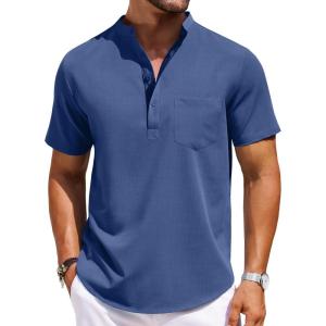 image:imageCOOFANDY Mens Casual Henley Shirts Band Collar Short Sleeve TShirts Summer Stylish Beach Hippie ShirtNavy Blue
