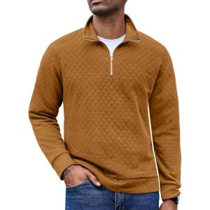 image:imageCOOFANDY Mens Fashion Quarter Zip Pullover Long Sleeve Quilted Sweatshirt Plaid Jacquard Polo Mock Neck Sweaters