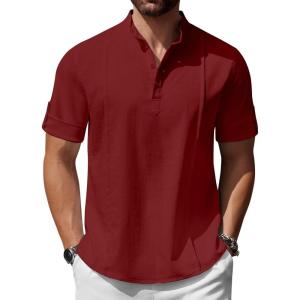 image:imageCOOFANDY Mens Henley TShirts Short Sleeve Casual Button Henley Shirts Band Collar Tee Summer Beach Hippie ShirtsWine Red