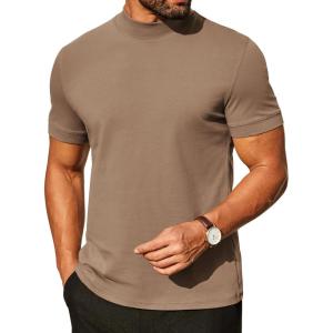 image:imageCOOFANDY Mens Mock Turtleneck Shirts Casual Premium Cotton Short Sleeve Shirt Basic Half Neck TShirtsKhaki