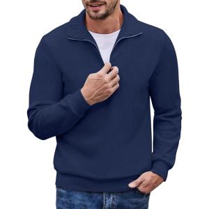 image:imageCOOFANDY Mens Quarter Zip Up Pullover Mock Neck Long Sleeve Sweater Casual Corduroy Polo SweatshirtDeep Blue
