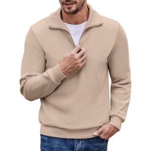 image:imageCOOFANDY Mens Quarter Zip Up Pullover Mock Neck Long Sleeve Sweater Casual Corduroy Polo SweatshirtLight Khaki