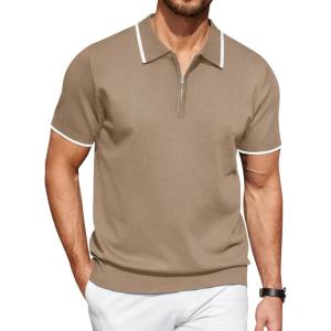 image:imageCOOFANDY Mens Zipper Polo Shirt Casual Knit Short Sleeve Polo T Shirt Classic Fit Shirts1khaki