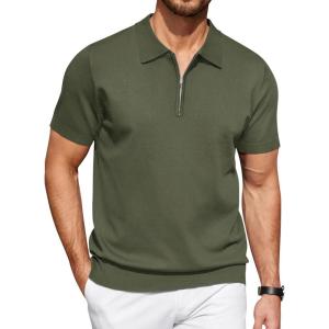 image:imageCOOFANDY Mens Zipper Polo Shirt Casual Knit Short Sleeve Polo T Shirt Classic Fit ShirtsSolid Army Green