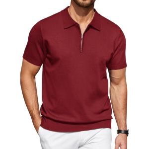 image:imageCOOFANDY Mens Zipper Polo Shirt Casual Knit Short Sleeve Polo T Shirt Classic Fit ShirtsSolid Wine Red