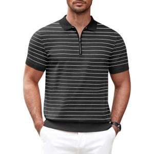 image:imageCOOFANDY Mens Zipper Polo Shirt Casual Knit Short Sleeve Polo T Shirt Classic Fit ShirtsZstripes Black