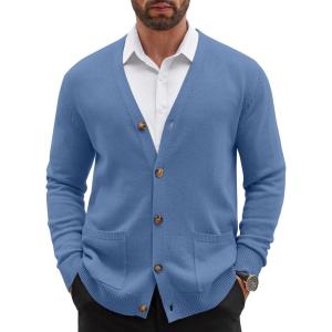 image:imageCOOFANDY Mens Cardigan Sweater Long Sleeve Lightweight Casual V Neck Button Down Knitted Sweater with PocketsBlue