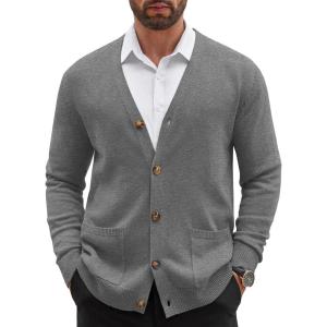 image:imageCOOFANDY Mens Cardigan Sweater Long Sleeve Lightweight Casual V Neck Button Down Knitted Sweater with PocketsGrey