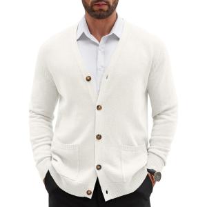 image:imageCOOFANDY Mens Cardigan Sweater Long Sleeve Lightweight Casual V Neck Button Down Knitted Sweater with PocketsIvory