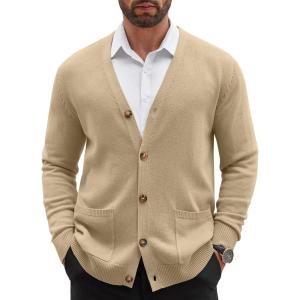 image:imageCOOFANDY Mens Cardigan Sweater Long Sleeve Lightweight Casual V Neck Button Down Knitted Sweater with PocketsKhaki
