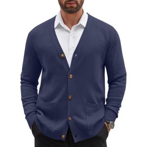 image:imageCOOFANDY Mens Cardigan Sweater Long Sleeve Lightweight Casual V Neck Button Down Knitted Sweater with PocketsNavy Blue