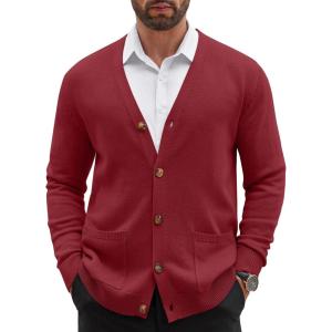 image:imageCOOFANDY Mens Cardigan Sweater Long Sleeve Lightweight Casual V Neck Button Down Knitted Sweater with PocketsWine Red