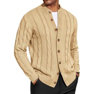image:imageCOOFANDY Mens Cardigan Sweater Slim Fit Stand Collar Cardigan Casual Cable Knitted Button Down Sweater with PocketsKhaki