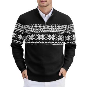 image:imageCOOFANDY Mens Quarter Zip Pullover Slim Fit Lightweight Knit Pullover Sweaters Casual Polo SweaterChristmas Black  White