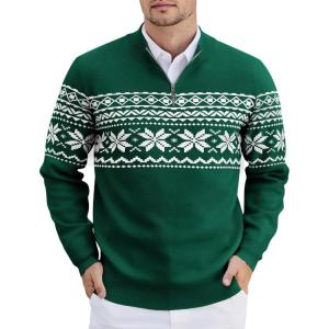 image:imageCOOFANDY Mens Quarter Zip Pullover Slim Fit Lightweight Knit Pullover Sweaters Casual Polo SweaterChristmas Green  White