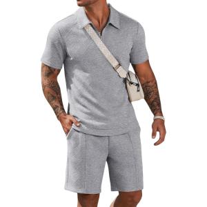 image:imageCOOFANDY Men Short Sets 2 Piece Outfits Casual Quarter Zip Polo Shorts Sets Textured Summer Outfits Fashion Tracksuit GolfLight Ash Gray