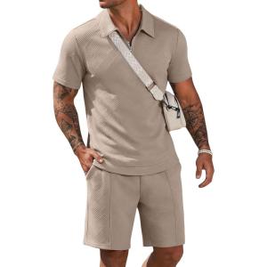 image:imageCOOFANDY Men Short Sets 2 Piece Outfits Casual Quarter Zip Polo Shorts Sets Textured Summer Outfits Fashion Tracksuit GolfMoon Gray
