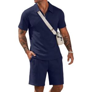 image:imageCOOFANDY Men Short Sets 2 Piece Outfits Casual Quarter Zip Polo Shorts Sets Textured Summer Outfits Fashion Tracksuit GolfNavy Blue