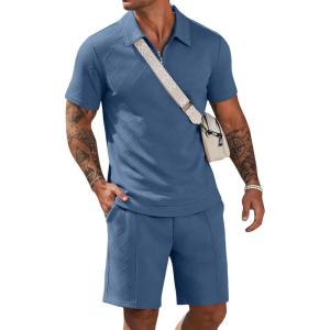 image:imageCOOFANDY Men Short Sets 2 Piece Outfits Casual Quarter Zip Polo Shorts Sets Textured Summer Outfits Fashion Tracksuit GolfSlate Blue