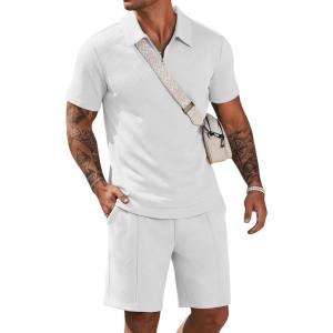 image:imageCOOFANDY Men Short Sets 2 Piece Outfits Casual Quarter Zip Polo Shorts Sets Textured Summer Outfits Fashion Tracksuit GolfWhite