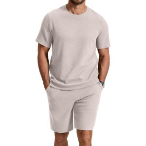 image:imageCOOFANDY Mens Cotton Waffle 2 Piece Outfits Casual Short Sleeve Shirts and Shorts Set Summer Jogging Tracksuit Lounge SetsBeige