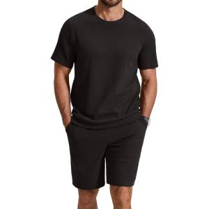 image:imageCOOFANDY Mens Cotton Waffle 2 Piece Outfits Casual Short Sleeve Shirts and Shorts Set Summer Jogging Tracksuit Lounge SetsBlack