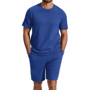 image:imageCOOFANDY Mens Cotton Waffle 2 Piece Outfits Casual Short Sleeve Shirts and Shorts Set Summer Jogging Tracksuit Lounge SetsDark Blue