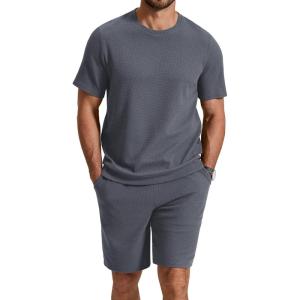 image:imageCOOFANDY Mens Cotton Waffle 2 Piece Outfits Casual Short Sleeve Shirts and Shorts Set Summer Jogging Tracksuit Lounge SetsDark Gray