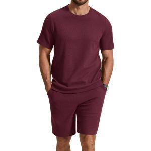 image:imageCOOFANDY Mens Cotton Waffle 2 Piece Outfits Casual Short Sleeve Shirts and Shorts Set Summer Jogging Tracksuit Lounge SetsDark Red