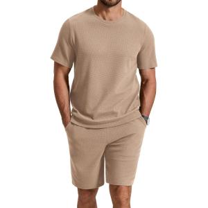image:imageCOOFANDY Mens Cotton Waffle 2 Piece Outfits Casual Short Sleeve Shirts and Shorts Set Summer Jogging Tracksuit Lounge SetsKhaki
