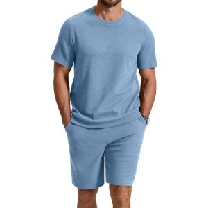 image:imageCOOFANDY Mens Cotton Waffle 2 Piece Outfits Casual Short Sleeve Shirts and Shorts Set Summer Jogging Tracksuit Lounge SetsLight Blue