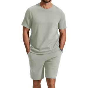 image:imageCOOFANDY Mens Cotton Waffle 2 Piece Outfits Casual Short Sleeve Shirts and Shorts Set Summer Jogging Tracksuit Lounge SetsLight Green