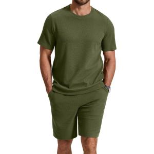 image:imageCOOFANDY Mens Cotton Waffle 2 Piece Outfits Casual Short Sleeve Shirts and Shorts Set Summer Jogging Tracksuit Lounge SetsMilitary Green